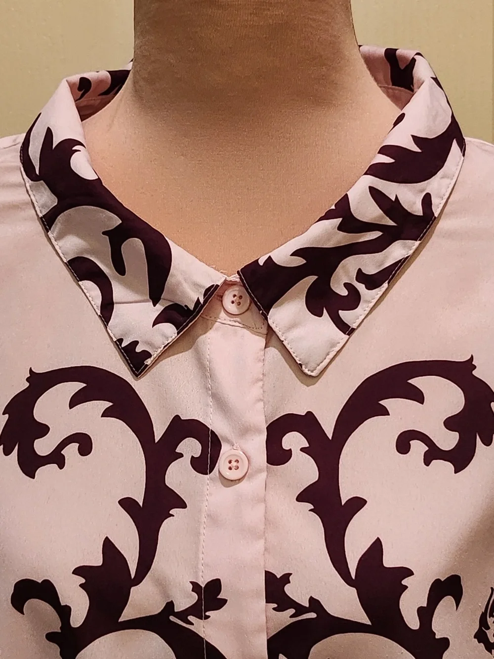 Roamans Light Pink Button-Down Blouse with Burgundy Baroque Print 30W